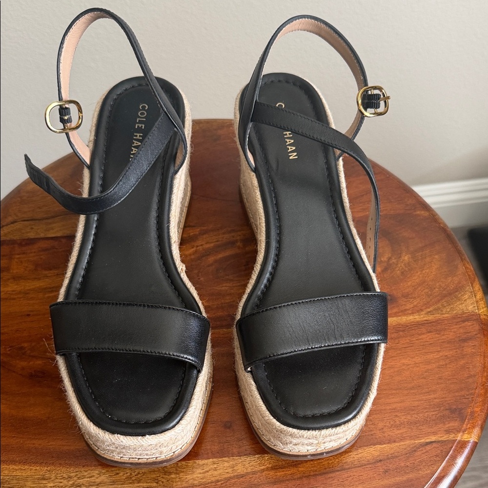 Cole Haan Black Leather Espadrille Wedge Sandals with Ankle Strap